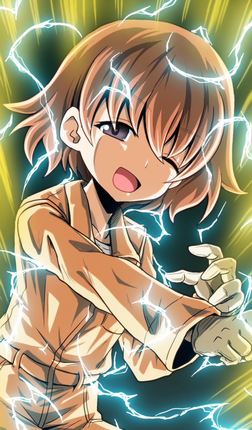 1girl absurdres bangs brown_eyes brown_hair clenched_hand commentary electricity eyebrows_visible_through_hair freckles girls_und_panzer gloves half-closed_eye highres jumpsuit kamishima_kanon lightning long_sleeves looking_at_viewer mechanic open_eyes open_mouth orange_jumpsuit shirt short_hair smile solo standing super_saiyan super_saiyan_2 tsuchiya_(girls_und_panzer) uniform white_gloves white_shirt