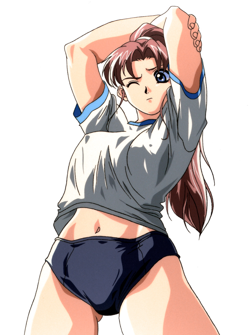 1990s_(style) 1girl ass_visible_through_thighs bloomers blue_eyes brown_hair highres navel one_eye_closed shirt stretch t-shirt underwear white_background yamada_masaki yoshino_tomomi_(seigra) zenkoku_seifuku_bishoujo_grand_prix