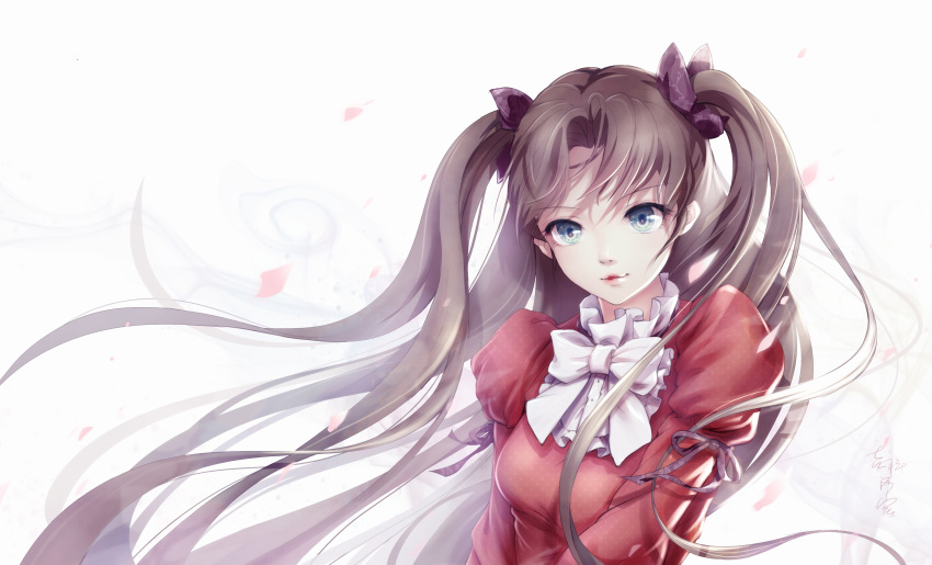 1girl absurdres blue_eyes bow bowtie brown_hair cherry_blossoms collar fate/extra fate/stay_night fate_(series) frilled_collar frills highres jxiang_asuo lips long_hair smile solo tohsaka_rin twintails upper_body very_long_hair white_background