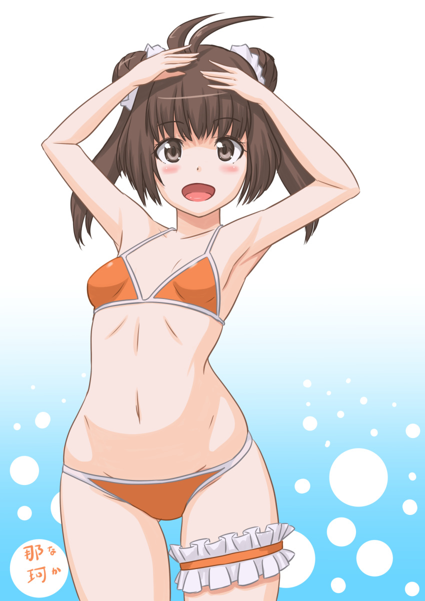 1girl antenna_hair arms_up bikini blue_background breasts brown_eyes brown_hair collarbone double_bun gradient gradient_background highres kantai_collection leg_garter looking_at_viewer naka_(kantai_collection) orange_bikini small_breasts solo standing swimsuit t2r twintails white_background