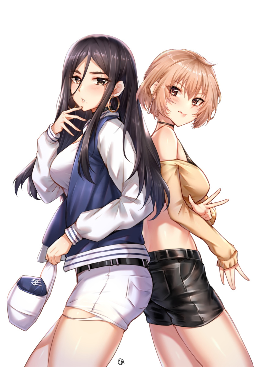 2girls back-to-back bangs bare_shoulders beige_sweater belt black_belt black_bra black_hair black_shorts blonde_hair blush bra breasts brown_hair choker choukoukou_no_diaosi commentary_request earrings eyebrows_visible_through_hair fingers_to_chin from_side hair_between_eyes hat highres holding holding_hat hoop_earrings jacket jewelry large_breasts licking_lips long_hair midriff mole mole_under_mouth multiple_girls off_shoulder open_clothes open_jacket original parted_lips shirt short_hair short_shorts shorts thighs tongue tongue_out torn_clothes torn_shorts underwear white_shirt white_shorts yellow_eyes