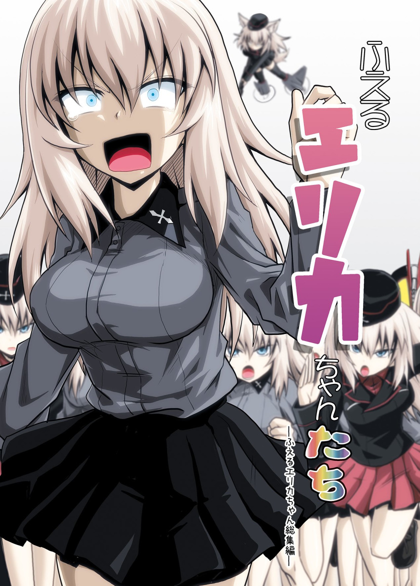 1girl bangs black_footwear black_headwear black_jacket black_skirt blue_eyes blurry blurry_background chasing clone commentary_request constricted_pupils cover cover_page depth_of_field doujin_cover dress_shirt eyebrows_visible_through_hair garrison_cap girls_und_panzer grey_shirt hat highres insignia itsumi_erika jacket kamishima_kanon kuromorimine_military_uniform kuromorimine_school_uniform long_sleeves looking_at_viewer medium_hair military military_hat military_uniform miniskirt pleated_skirt red_shirt red_skirt running school_uniform shirt shoes silver_hair skirt solo striker_unit tearing_up translation_request uniform v-shaped_eyebrows wing_collar world_witches_series