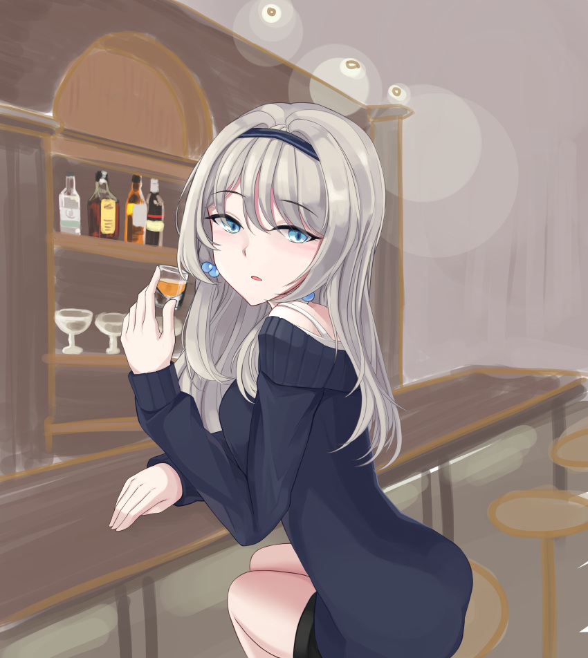 1girl absurdres an-94_(girls_frontline) bangs bar black_skirt black_sweater blonde_hair blue_eyes blush bra_strap cup dress earrings girls_frontline hairband highres jewelry jm289600 long_hair looking_at_viewer sitting skirt solo sweater sweater_dress