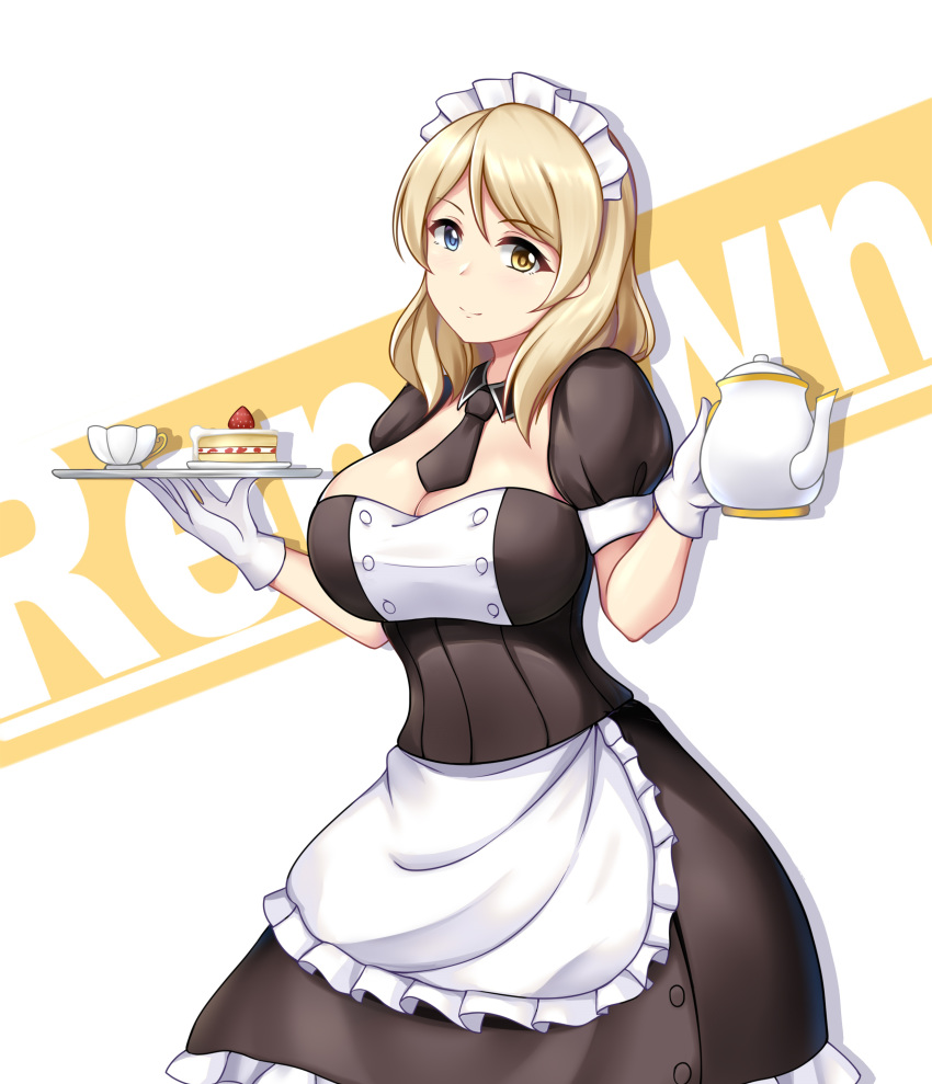 1girl absurdres between_breasts blonde_hair blue_eyes breasts cake food gloves heterochromia highres large_breasts maid maid_dress maid_headdress necktie necktie_between_breasts painttool_sai_(medium) photoshop_(medium) renown_(warship_girls_r) short_hair smile teapot warship_girls_r white_gloves xiao_qi yellow_eyes