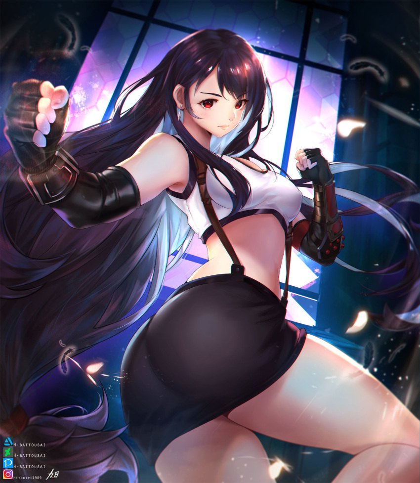 1girl arm_guards artist_name artstation_username ass bangs bare_shoulders black_gloves black_hair black_skirt blush breasts clenched_hand clenched_hands closed_eyes closed_mouth commentary crop_top deviantart_logo deviantart_username earrings elbow_gloves elbow_pads fighting_stance final_fantasy final_fantasy_vii final_fantasy_vii_remake fingerless_gloves gloves highres hitokiri_battousai jewelry large_breasts lips long_hair looking_at_viewer looking_back low-tied_long_hair midriff miniskirt pencil_skirt red_eyes shiny shiny_hair shiny_skin shirt skirt sleeveless solo suspender_skirt suspenders tank_top thighs tifa_lockhart twisted_torso very_long_hair white_tank_top