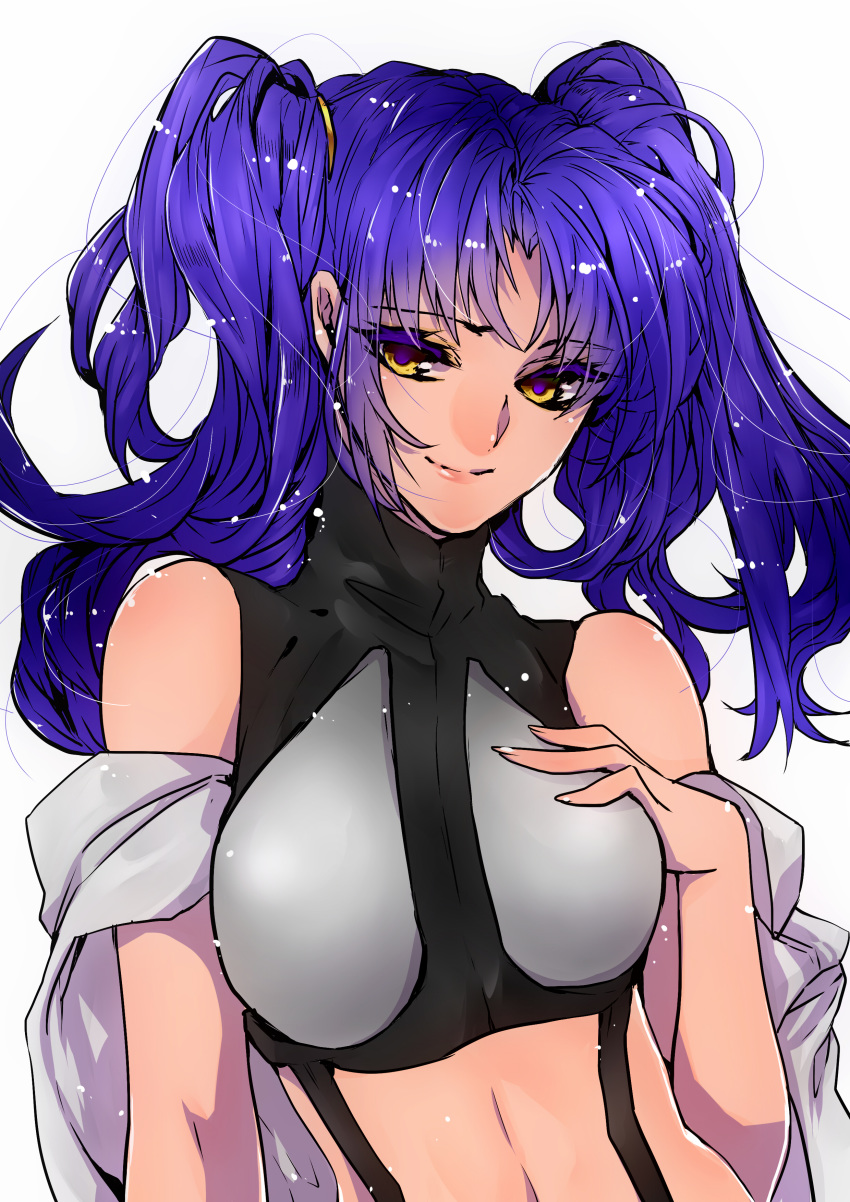 1girl absurdres blue_hair cross_ange eyebrows_visible_through_hair hand_on_breast highres huxoran77 looking_down looking_to_the_side midriff painttool_sai_(medium) salia_(cross_ange) solo twintails yellow_eyes