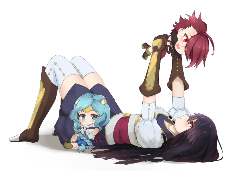 arms_up black_hair blue_eyes blue_hair boots brown_footwear chibi closed_mouth glass_(tate_no_yuusha_no_nariagari) highres l'arc_berg_sickle long_hair looking_up lying open_mouth pink_eyes red_eyes redhead soveno tate_no_yuusha_no_nariagari therese_alexanderite