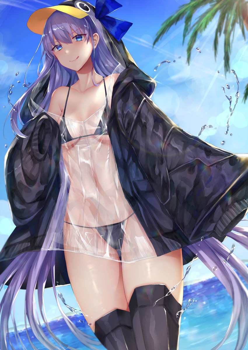 1girl absurdres animal_hood bangs bare_shoulders bikini black_bikini black_jacket blue_bow blue_eyes blue_sky blush bow breasts choker closed_mouth collarbone fate/grand_order fate_(series) greaves highres hitomin_(ksws7544) hood hood_up huge_filesize jacket licking_lips long_hair long_sleeves looking_at_viewer meltryllis meltryllis_(swimsuit_lancer)_(fate) ocean open_clothes open_jacket penguin_hood prosthesis prosthetic_leg purple_hair see-through sheer_clothes sky sleeves_past_fingers sleeves_past_wrists small_breasts smile swimsuit thighs tongue tongue_out very_long_hair wet