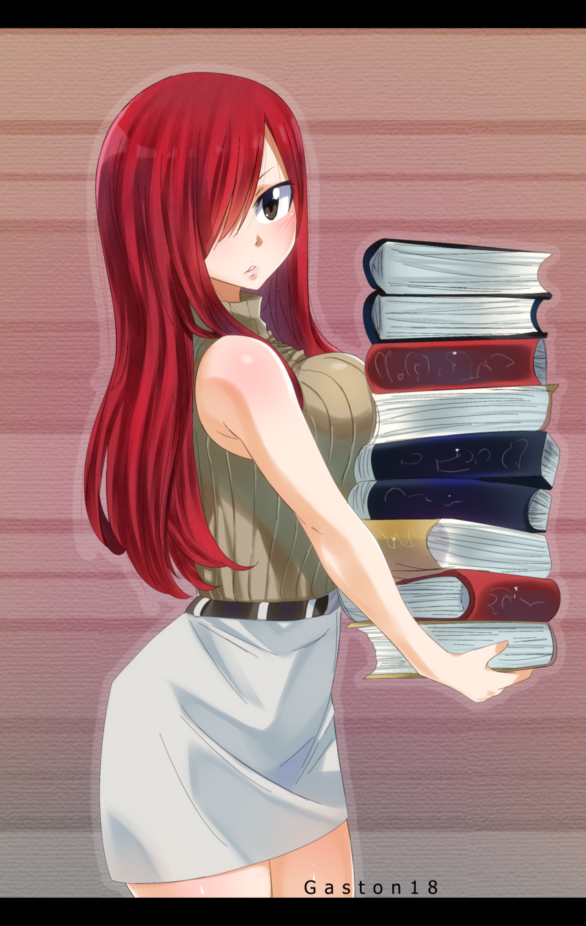 1girl absurdres artist_name bare_shoulders belt belt_buckle blush book breasts brown_eyes buckle cowboy_shot erza_scarlet fairy_tail gaston18 hair_over_one_eye highres holding holding_book large_breasts long_hair looking_at_viewer redhead skirt sleeveless solo standing watermark