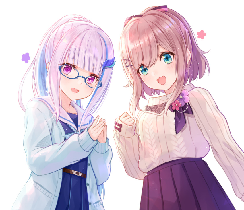 2girls :3 :d arm_at_side bangs bespectacled blue_eyes blunt_bangs blush bow brown_hair commentary_request eyebrows_visible_through_hair flower glasses hair_bow hair_ornament highres jacket lize_helesta long_hair long_sleeves looking_at_viewer medium_hair multiple_girls nijisanji open_mouth own_hands_together ponytail purple_flower red_flower simple_background skirt sleeves_past_wrists smile standing suzuhara_lulu sweater tadokoro_teppei upper_body violet_eyes virtual_youtuber white_background white_hair x_hair_ornament