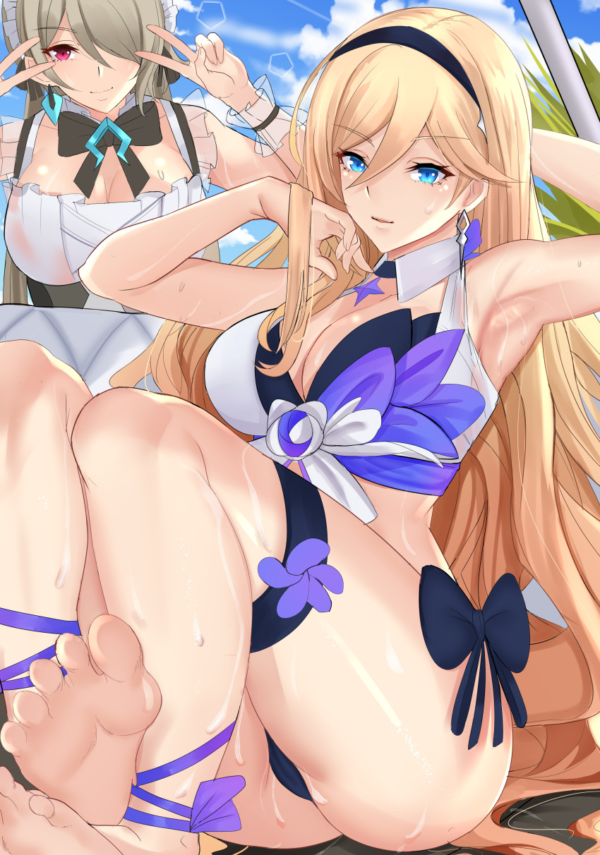 2girls absurdres armpits barefoot bianka_durandal_ataegina bikini blonde_hair blue_eyes blue_sky bow bowtie breasts brown_hair commentary day detached_collar double_v earrings feet frilled_swimsuit frills hair_between_eyes hair_over_one_eye hairband hand_in_hair highres honkai_(series) honkai_impact_3rd jewelry large_breasts lens_flare long_hair looking_at_viewer maid_headdress mole mole_under_eye multicolored multicolored_bikini multicolored_clothes multiple_girls noise_paper outdoors rita_rossweisse short_hair sky smile sunlight sweat swimsuit thigh_strap v very_long_hair violet_eyes