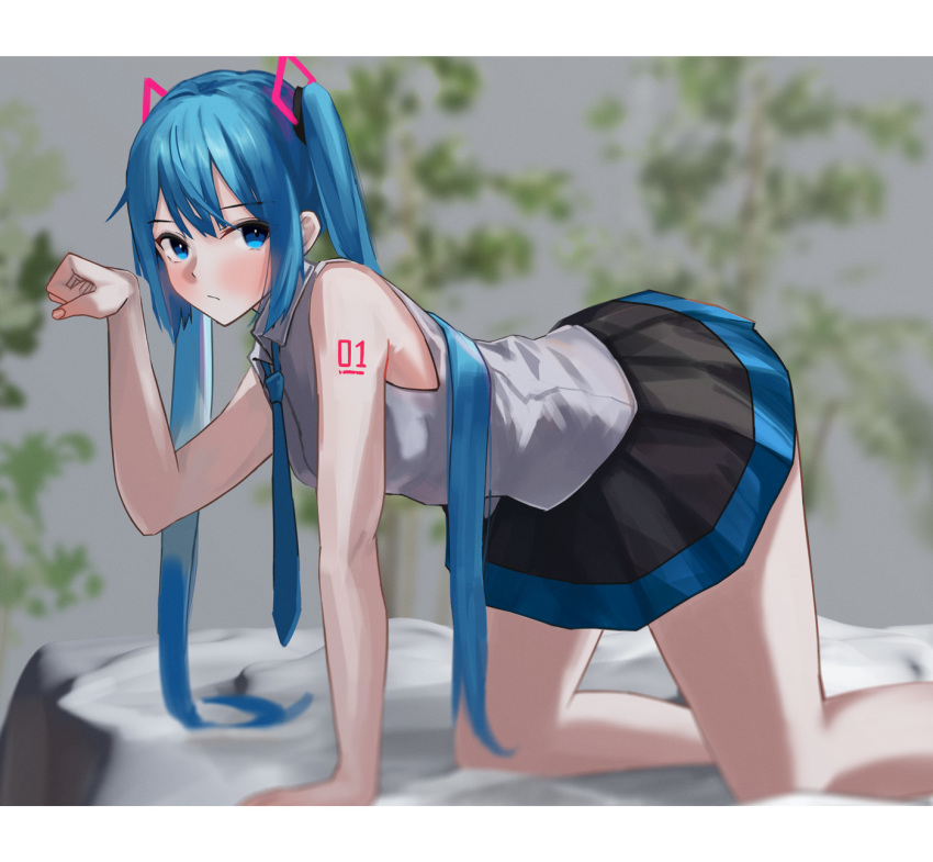 1girl bare_arms bare_shoulders bed_sheet black_skirt blue_eyes blue_hair blue_neckwear blurry blurry_background blush closed_mouth depth_of_field feet_out_of_frame from_side grey_shirt hatsune_miku highres long_hair looking_at_viewer looking_to_the_side miniskirt necktie number_tattoo on_bed osanzi paw_pose shirt shoulder_tattoo sidelocks skirt sleeveless sleeveless_shirt solo tattoo twintails very_long_hair vocaloid
