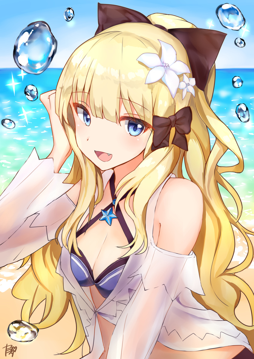 1girl bangs bikini black_bow blonde_hair blue_eyes blush bow breasts elf eyebrows_visible_through_hair flower hair_bow hair_flower hair_ornament highres large_breasts long_hair looking_at_viewer open_mouth pointy_ears ponytail princess_connect! princess_connect!_re:dive ruri-urasue-1224 saren_(princess_connect!) smile solo swimsuit