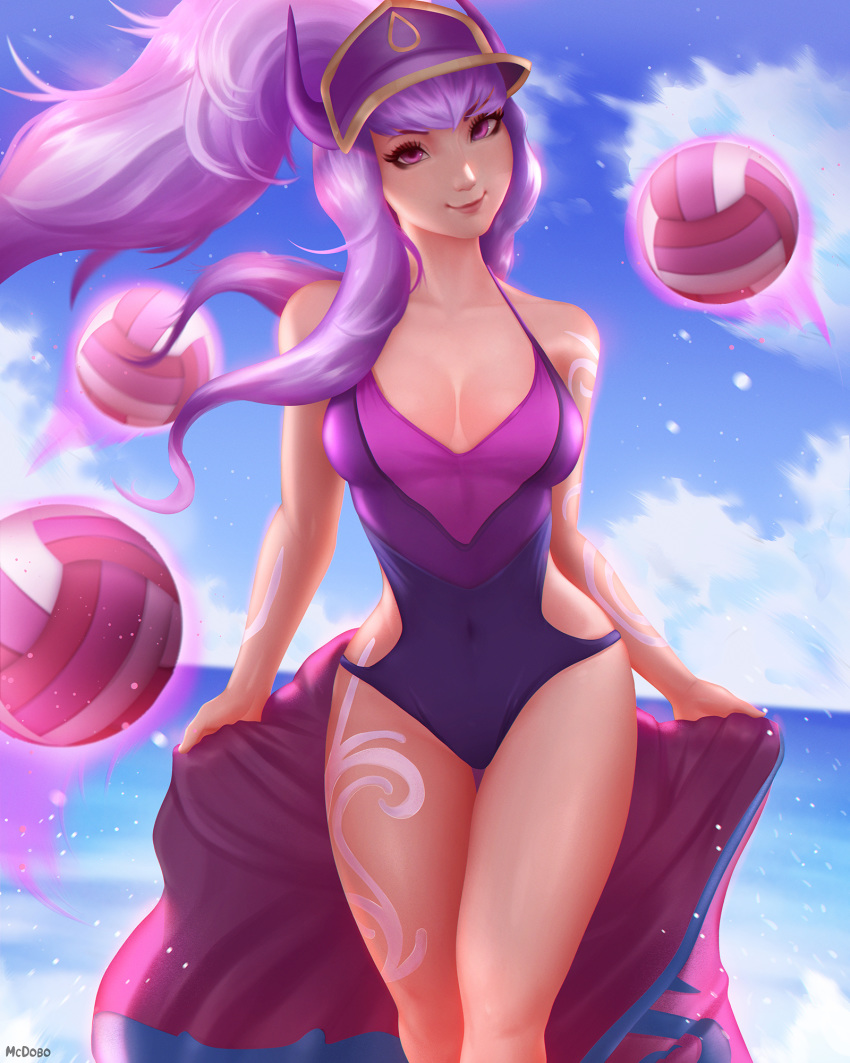 1girl ball bangs blue_sky blurry blurry_background breasts breasts_apart hat highres horns league_of_legends long_hair looking_at_viewer mcdobo medium_breasts one-piece_swimsuit ponytail pool_party_(league_of_legends) sky smile solo standing swimsuit syndra tattoo violet_eyes volleyball