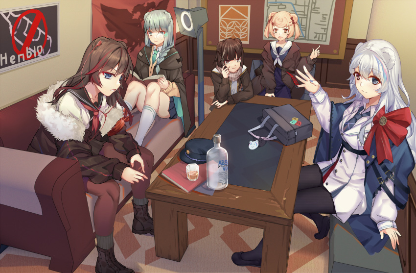 5girls animal_ears aqua_neckwear arknights bag bangs bear_ears black_footwear black_jacket black_legwear black_sailor_collar blonde_hair blue_dress blue_eyes blue_hair blue_nails book boots bottle braid brown_eyes brown_hair chinese_commentary commentary_request couch cup dress drinking_glass earphones earphones eyebrows_visible_through_hair fur-trimmed_jacket fur_trim grey_scarf gummy_(arknights) hair_ornament hand_up hat hat_removed headwear_removed heterochromia highres holding holding_book hongbaise_raw indoors istina_(arknights) jacket kneehighs leta_(arknights) long_hair long_sleeves looking_at_viewer monocle multicolored_hair multiple_girls nail_polish neckerchief necktie no_hat no_headwear off_shoulder pantyhose parted_lips red_legwear red_neckwear redhead rosa_(arknights) sailor_collar sailor_dress scarf school_bag short_dress short_hair silver_hair sitting star_(symbol) star_hair_ornament streaked_hair table twintails ursus_empire_logo white_dress white_legwear white_neckwear white_sailor_collar zima_(arknights)