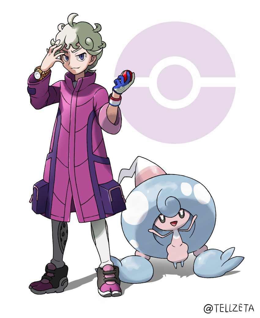 1boy ahoge artist_name beet_(pokemon) blonde_hair closed_mouth coat commentary_request curly_hair full_body gen_8_pokemon gloves hand_up hattrem highres holding holding_poke_ball looking_at_viewer poke_ball poke_ball_(generic) poke_ball_symbol pokemon pokemon_(creature) pokemon_(game) pokemon_swsh popped_collar purple_coat shoes short_hair single_glove size_difference smile standing teru_zeta violet_eyes watermark white_background wristband