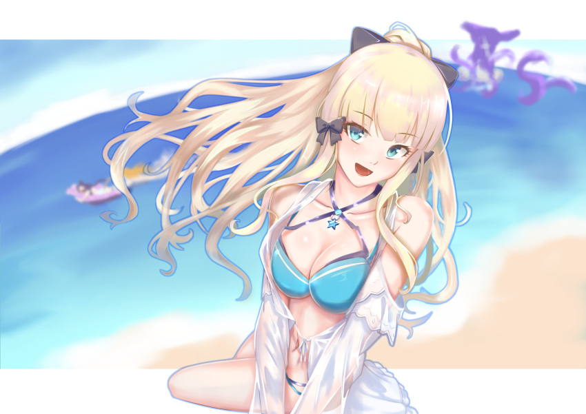 1girl absurdres bangs bikini black_bow blonde_hair blue_eyes blush bow breasts elf eyebrows_visible_through_hair flower hair_bow hair_flower hair_ornament highres large_breasts long_hair looking_at_viewer nininga open_mouth pointy_ears ponytail princess_connect! princess_connect!_re:dive saren_(princess_connect!) smile solo swimsuit
