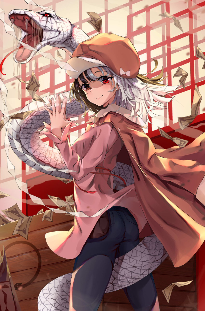 1girl absurdres ass bakemonogatari bangs blue_pants blush bow breasts brown_eyes brown_hair brown_jacket cabbie_hat commentary_request cqingwei dress grey_hair hat hat_bow highres jacket jacket_on_shoulders long_hair long_sleeves looking_at_viewer medium_breasts monogatari_(series) open_clothes open_jacket pants pink_dress pink_nails red_eyes sengoku_nadeko sharp_teeth short_hair snake solo teeth white_bow white_snake