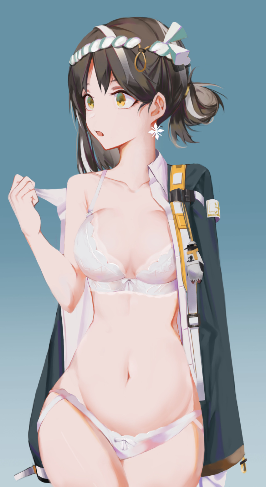 1girl 2k14_chudong absurdres arknights bangs bare_shoulders black_hair black_jacket blue_background bra breasts chinese_commentary collarbone commentary_request cowboy_shot gradient gradient_background hachimaki hand_up headband highres jacket keychain long_sleeves looking_to_the_side magallan_(arknights) medium_breasts multicolored_hair navel nejiri_hachimaki open_clothes open_jacket open_mouth panties short_hair solo standing stomach streaked_hair the_emperor_(arknights) tied_hair underwear white_bra white_hair white_panties yellow_eyes