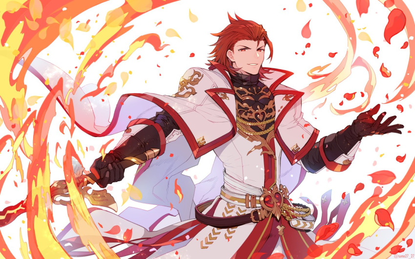 1boy belt black_gloves cape fire gloves granblue_fantasy holding holding_sword holding_weapon male_focus percival_(granblue_fantasy) petals red_eyes redhead smile solo sumeshi_(ginshari40) sword twitter_username weapon white_background white_cape