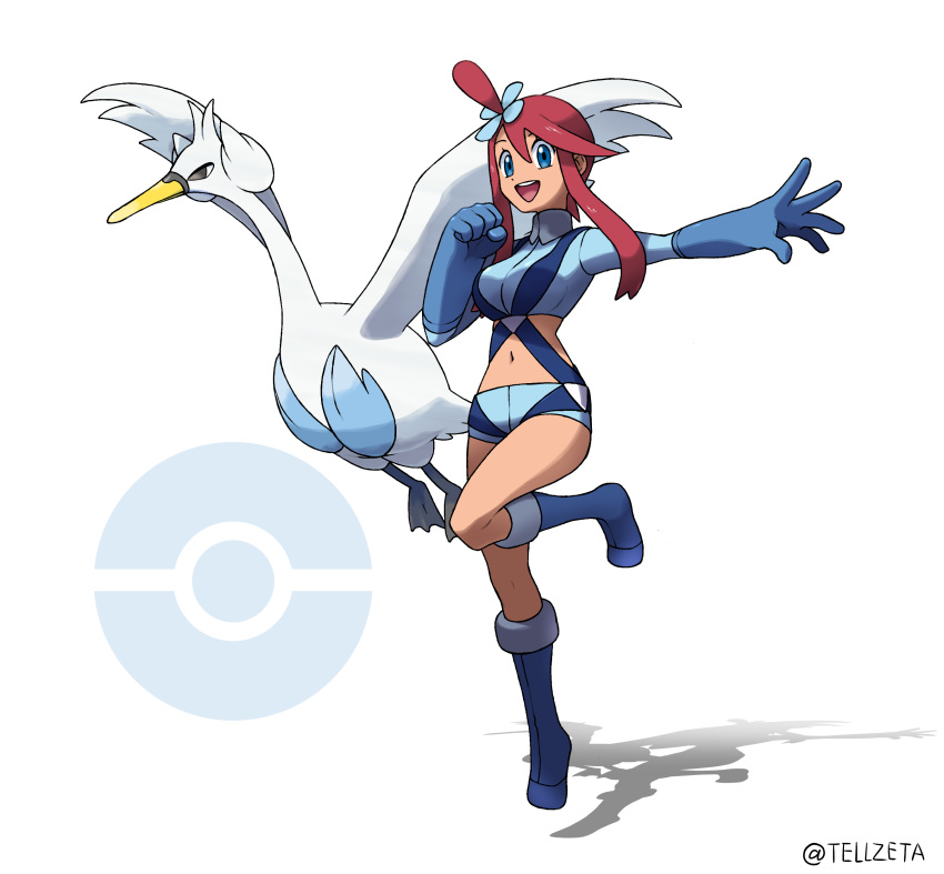 1girl :d absurdres artist_name bangs blue_eyes blue_footwear blue_gloves boots breasts clenched_hand commentary_request full_body fuuro_(pokemon) gen_5_pokemon gloves gym_leader hair_between_eyes hair_ornament highres long_hair looking_at_viewer navel open_mouth outstretched_arm poke_ball_symbol pokemon pokemon_(creature) pokemon_(game) pokemon_bw redhead shorts sidelocks smile spread_fingers swanna teeth teru_zeta tongue upper_teeth watermark white_background