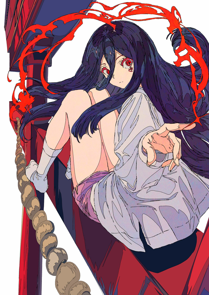 1girl absurdres bare_legs black_hair character_request closed_mouth cover_image expressionless from_behind full_body hair_between_eyes highres knees_up kogecha_(coge_ch) long_hair long_sleeves looking_at_viewer looking_back novel_illustration official_art purple_shorts red_eyes short_shorts shorts simple_background sitting socks solo textless thighs torii waka-sama_no_zasuru_sekai white_background white_legwear