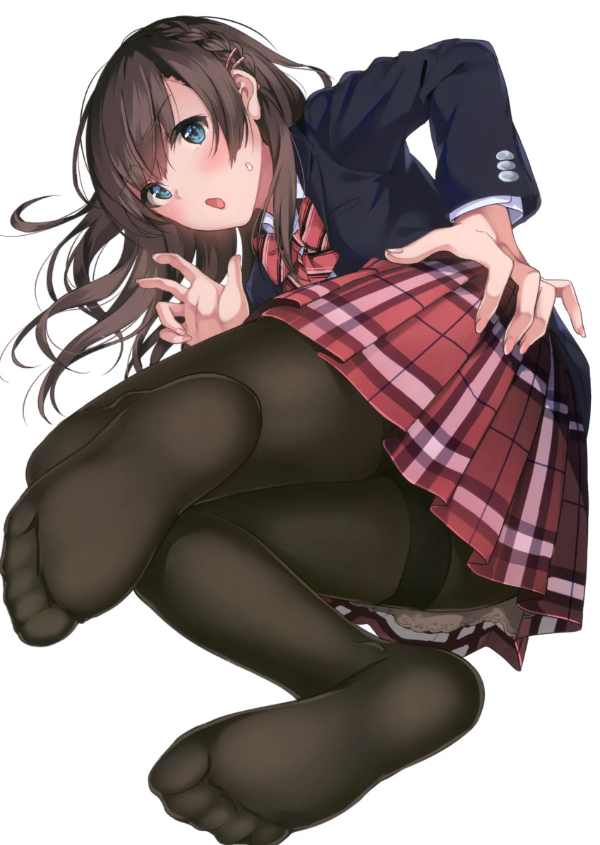 1girl absurdres bangs blazer blue_eyes blush bow braid brown_hair buttons eyebrows_visible_through_hair fingernails from_behind full_body hair_ornament hairclip highres jacket lips long_hair long_sleeves looking_at_viewer looking_back open_mouth original pantyhose pleated_skirt scan school_uniform shiny shiny_hair shiny_skin simple_background skirt solo sweat sweatdrop tied_hair unasaka_ryou white_background
