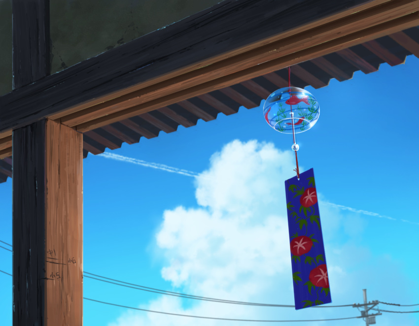 clouds condensation_trail day height_mark highres no_humans original pei_(sumurai) scenery sky utility_pole wind_chime wind_chime_focus