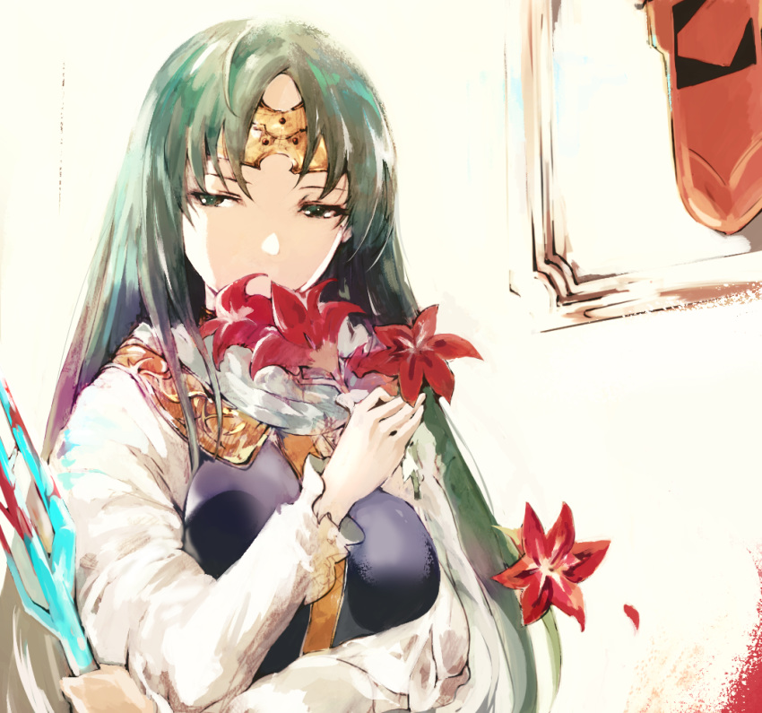 1girl bangs blood bloody_weapon circlet clip_studio_paint_(medium) flower green_hair hand_up holding holding_flower holding_weapon indoors long_sleeves maris_amaryllis parted_bangs rance_(series) shado_ne solo weapon white_background