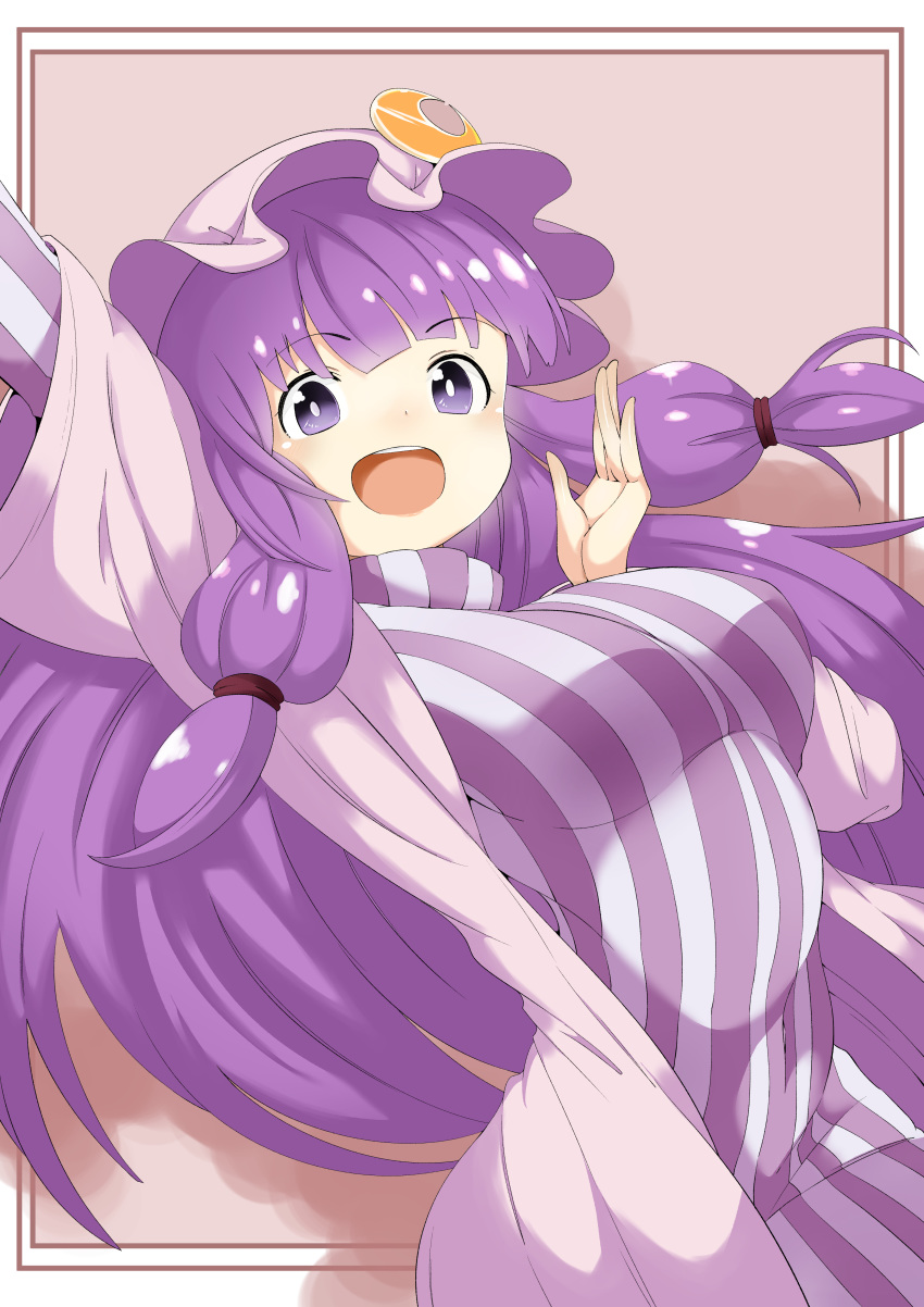 1girl absurdres arm_up bangs blunt_bangs breasts commentary_request covered_navel crescent crescent_moon_pin eyebrows_visible_through_hair hair_ornament hat highres koujouchou large_breasts long_hair looking_at_viewer mob_cap open_mouth patchouli_knowledge purple_hair shadow simple_background smile solo striped tied_hair touhou violet_eyes wide_sleeves