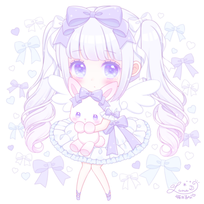 1girl bangs blush bow chibi closed_mouth commentary_request dress eyebrows_visible_through_hair full_body gradient_hair grey_hair hair_bow heart heart_background himetsuki_luna knees_together_feet_apart long_hair multicolored_hair object_hug original pink_hair puffy_short_sleeves puffy_sleeves purple_bow purple_footwear ringlets shoes short_sleeves sidelocks simple_background solo stuffed_animal stuffed_bunny stuffed_toy twintails very_long_hair violet_eyes white_background white_bow white_dress white_wings wings