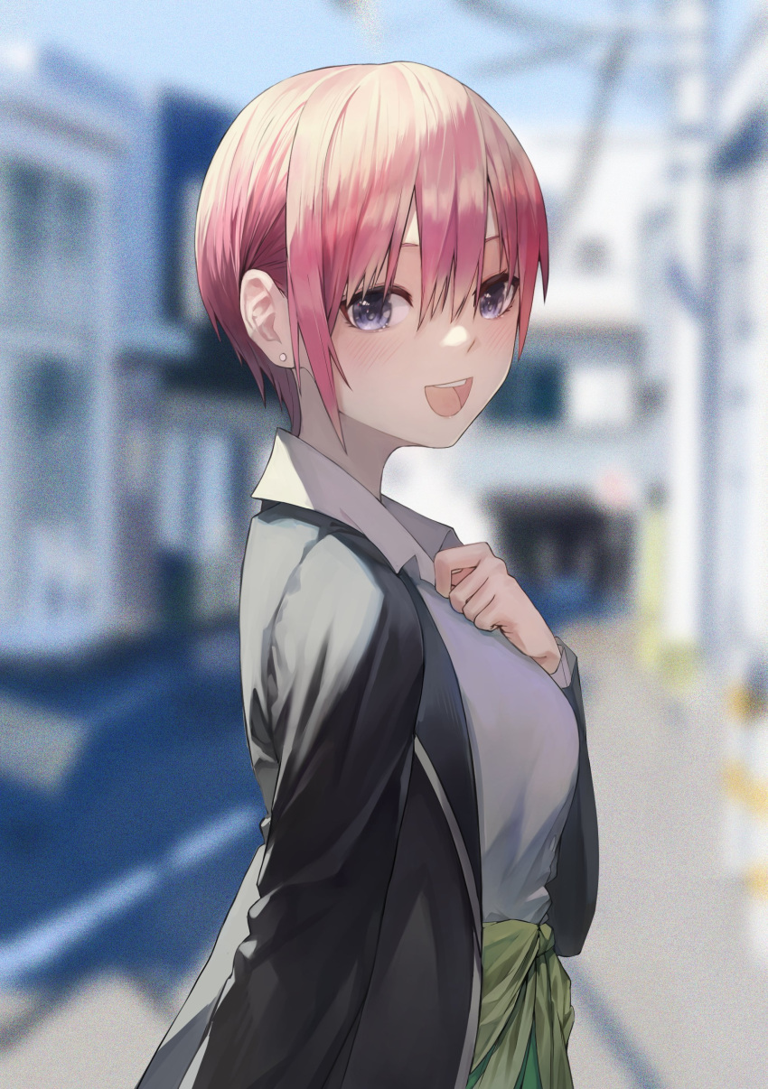 1girl :d absurdres bangs black_jacket blurry blurry_background blush breasts clothes_around_waist collared_shirt earpiece eyebrows_behind_hair from_side fudepenbrushpen go-toubun_no_hanayome green_sweater hair_behind_ear hand_on_own_chest highres jacket jewelry looking_at_viewer nakano_ichika open_mouth outdoors pink_hair ponytail school_uniform shirt short_hair smile solo sweater upper_body upper_teeth white_shirt