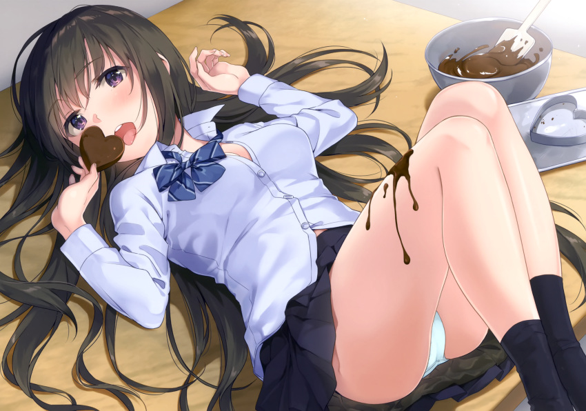 1girl ass bangs black_legwear blue_skirt blush bow bowl bowtie breasts brown_hair buttons candy chocolate chocolate_heart eyebrows_visible_through_hair fingernails food hands_up heart highres holding holding_food knees_up ladle long_hair long_sleeves looking_at_viewer lying medium_breasts on_back open_mouth original panties scan school_uniform shiny shiny_hair shiny_skin shirt skirt socks solo thighs tongue tongue_out unasaka_ryou underwear violet_eyes