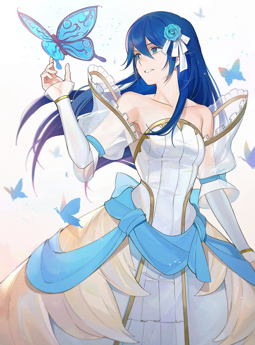 10s 1girl animal blue_eyes blue_flower blue_hair bridal_veil bride bride_(fire_emblem) bug butterfly cute detached_sleeves dress fire_emblem fire_emblem:_kakusei fire_emblem_13 fire_emblem_awakening flower grin hair_flower hair_ornament highres human insect intelligent_systems kyufe long_hair lucina lucina_(fire_emblem) nintendo rose simple_background smile solo strapless strapless_dress super_smash_bros. veil wedding_dress white_background white_dress