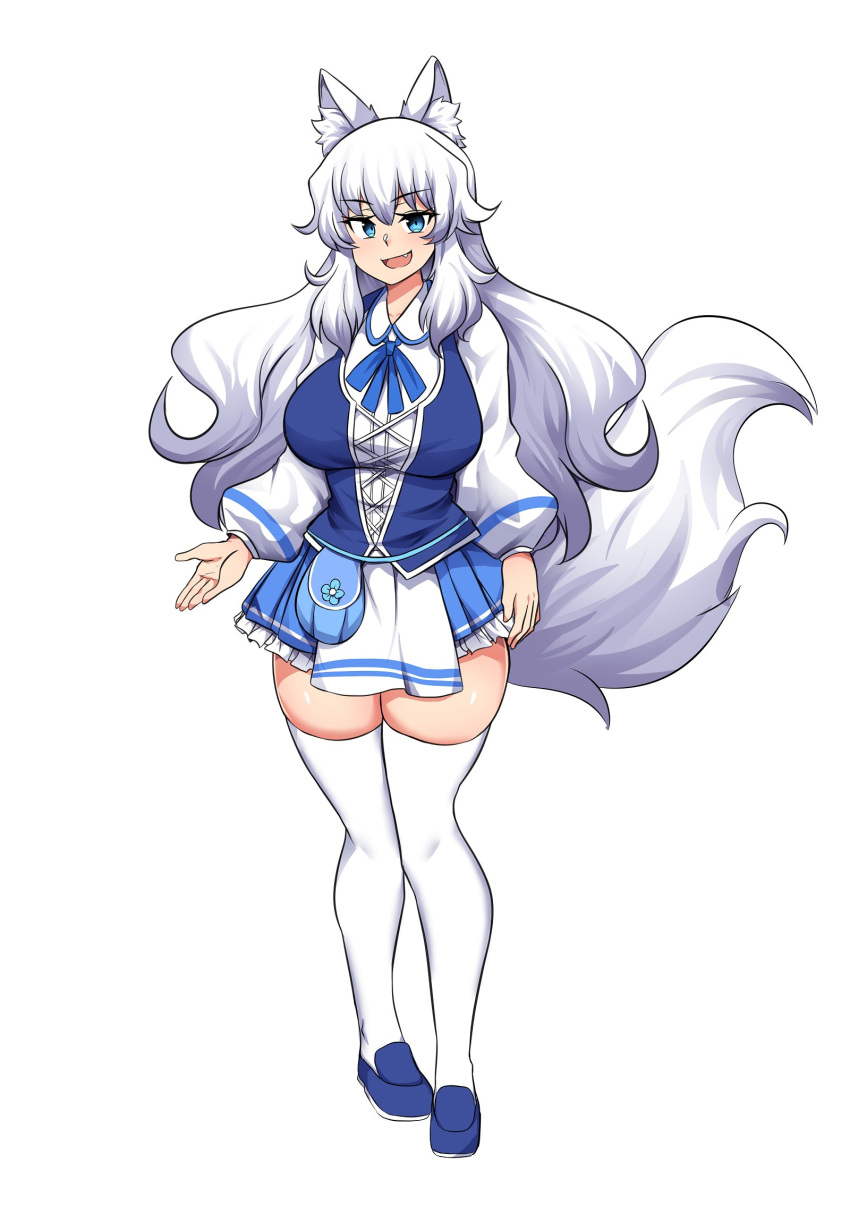 1girl :d animal_ear_fluff animal_ears blue_eyes blue_skirt breasts english_commentary eyebrows_visible_through_hair fang full_body hair_between_eyes highres hinghoi large_breasts long_hair looking_at_viewer merryweather open_mouth original sidelocks simple_background skirt smile solo standing tail thigh-highs thighs virtual_youtuber white_background white_hair white_legwear wolf_ears wolf_tail