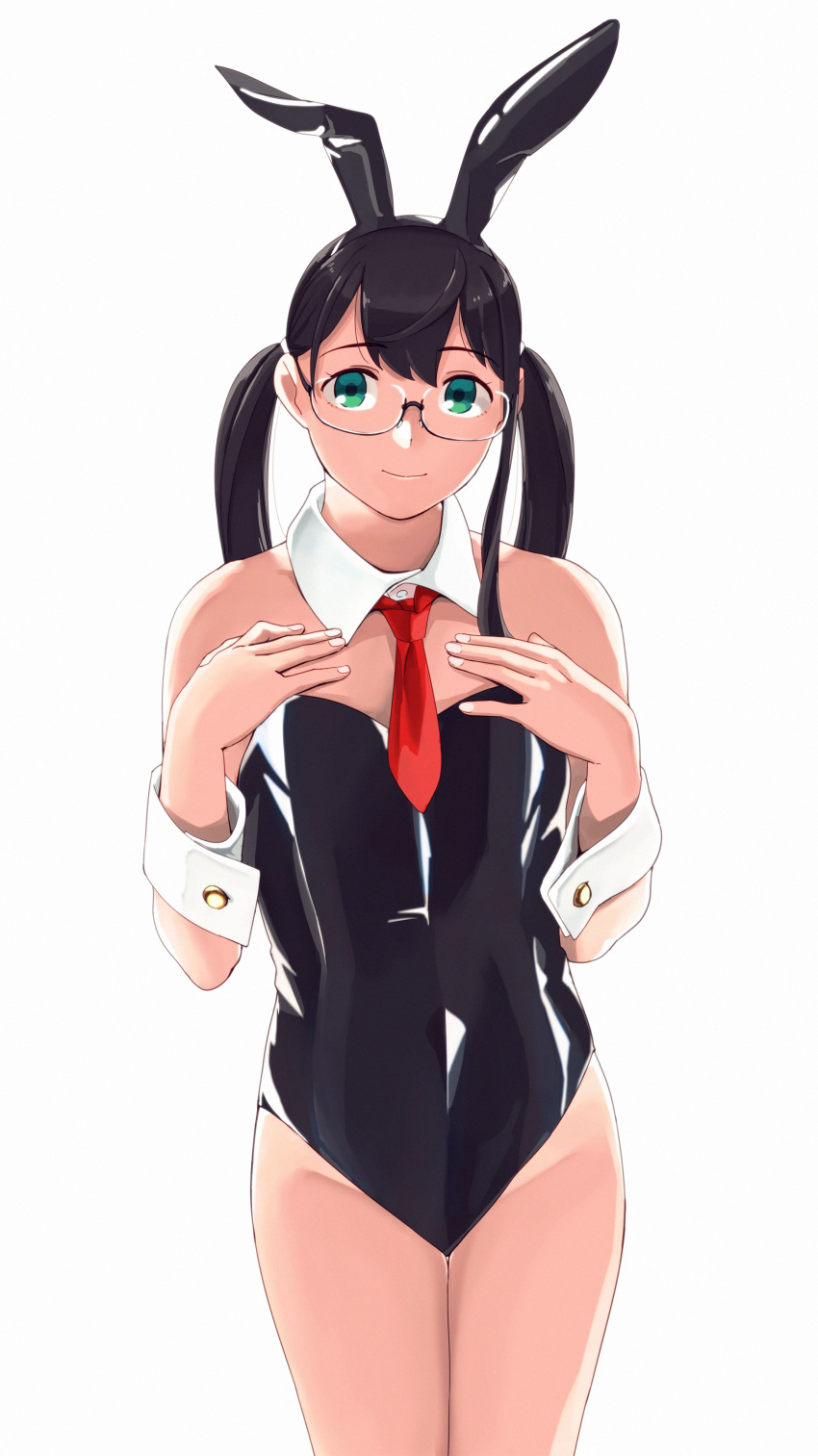 1girl absurdres alternate_hairstyle animal_ears black_hair black_leotard bunnysuit cowboy_shot detached_collar flat_chest glasses green_eyes highres kantai_collection leotard long_hair looking_at_viewer necktie ojipon ooyodo_(kantai_collection) rabbit_ears red_neckwear semi-rimless_eyewear simple_background solo strapless strapless_leotard twintails under-rim_eyewear white_background wrist_cuffs