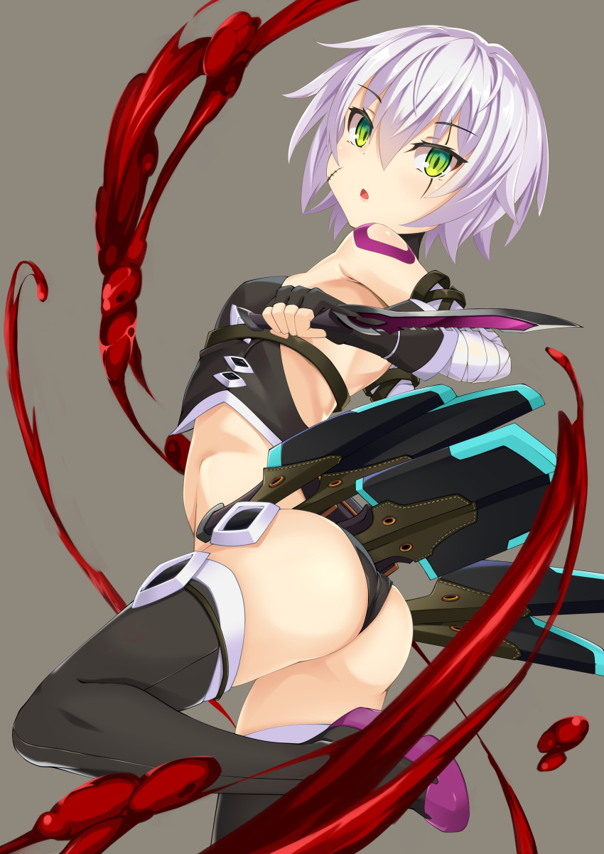 1girl absurdres arm_belt ass bandaged_arm bandages black_legwear black_panties dagger facial_scar fate/apocrypha fate/grand_order fate_(series) gloves green_eyes highres holding holding_dagger holding_weapon jack_the_ripper_(fate/apocrypha) knife looking_at_viewer panties scar scar_across_eye scar_on_cheek short_hair shoulder_tattoo single_glove solo tattoo thigh-highs underwear weapon yamachi_(xadp7533)