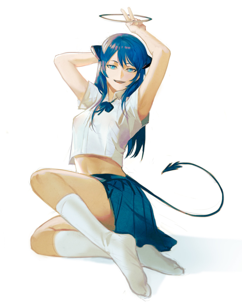 1girl alternate_costume arknights arms_up blue_eyes blue_hair blue_neckwear blue_skirt bow bowtie collared_shirt commentary covered_nipples crop_top crop_top_overhang cropped_shirt demon_horns demon_tail english_commentary full_body halo highres horns kupikuuu long_hair looking_at_viewer midriff miniskirt mostima_(arknights) no_bra open_mouth pleated_skirt shirt short_sleeves simple_background sitting skirt smile socks solo tail thighs white_background white_legwear white_shirt wing_collar
