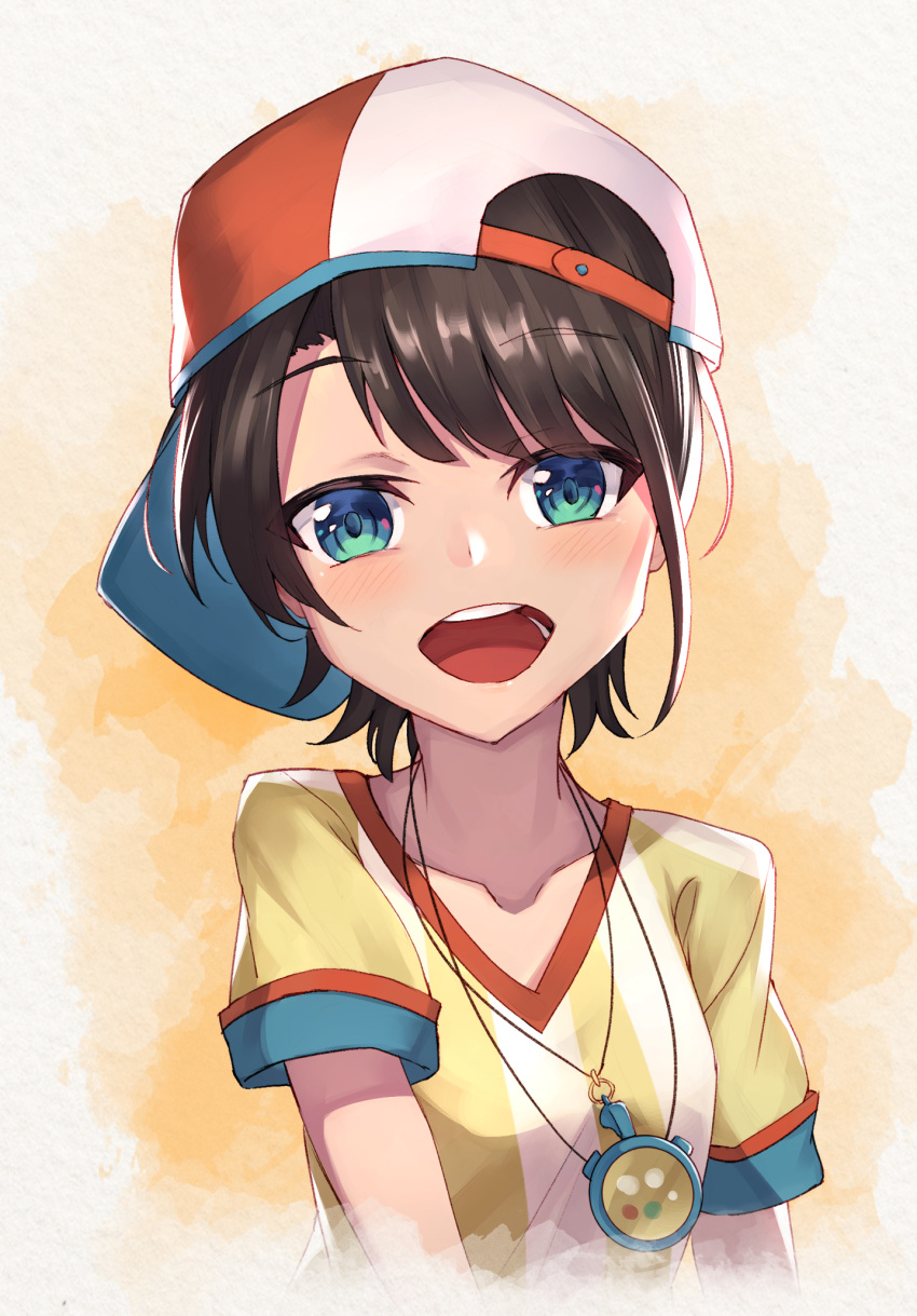 1girl :d backwards_hat bangs baseball_cap black_hair blue_eyes breasts brown_headwear collarbone eyebrows_visible_through_hair green_eyes hat highres hololive looking_at_viewer masaki_(msk064) multicolored multicolored_eyes oozora_subaru open_mouth round_teeth shirt short_sleeves small_breasts smile solo stopwatch striped striped_shirt teeth upper_body upper_teeth vertical-striped_shirt vertical_stripes virtual_youtuber watch