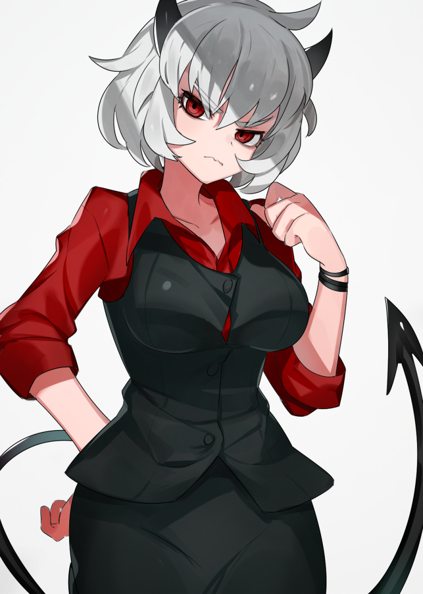1girl arm_behind_back black_horns black_skirt black_vest blush breasts closed_mouth collarbone collared_shirt commentary demon_girl demon_horns demon_tail dress_shirt eyebrows_visible_through_hair helltaker highres horns large_breasts looking_at_viewer malina_(helltaker) muraki_(owantogohan) pencil_skirt red_eyes red_shirt shirt short_hair simple_background skirt sleeves_folded_up solo tail v-shaped_eyebrows vest waistcoat wavy_mouth white_background white_hair