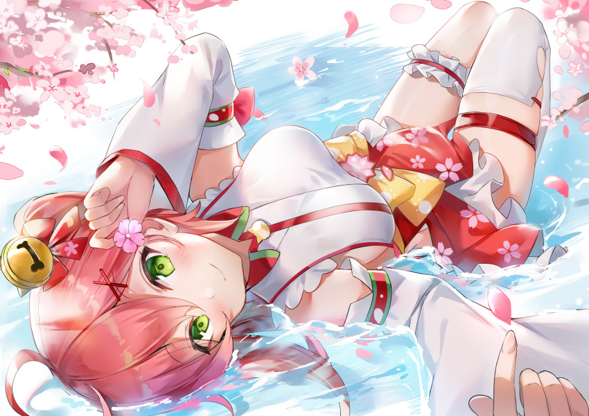 absurdres bell breasts cherry_blossom_print cherry_blossoms detached_sleeves floral_print ginn_(hzh770121) green_eyes hair_bell hair_ornament hairclip highres hololive leg_garter looking_at_viewer lying lying_on_water pink_hair sakura_miko single_thighhigh thigh-highs upside-down virtual_youtuber water white_legwear x_hair_ornament