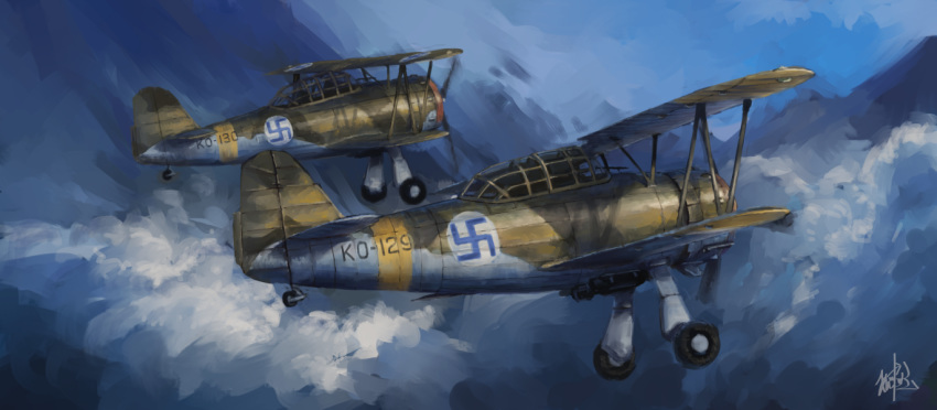 abe_yasushi_(umizoi_tibet) aircraft airplane biplane clouds cloudy_sky english_commentary finnish_air_force flying no_humans original propeller real_life roundel sky swastika world_war_ii