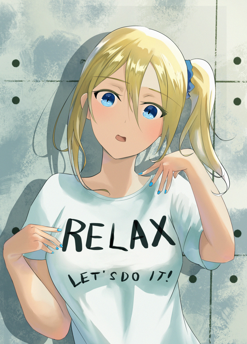1girl absurdres aikawa_lotus bangs blonde_hair blue_background blue_eyes blue_nails breasts commentary commentary_request eyebrows_visible_through_hair frame grey_background hair_between_eyes hair_ornament hair_scrunchie hayasaka_ai highres kaguya-sama_wa_kokurasetai_~tensai-tachi_no_renai_zunousen~ looking_at_viewer medium_breasts open_mouth partial_commentary scrunchie shadow shirt short_sleeves side_ponytail simple_background solo two-tone_background white_shirt