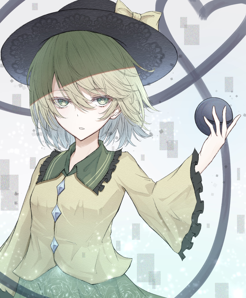 1girl bangs bow collar collared_shirt cowboy_shot eyeball eyebrows_visible_through_hair eyes_visible_through_hair floral_print frilled_collar frilled_sleeves frills green_eyes green_hair green_skirt hat hat_bow hat_ribbon heart heart_of_string hegata_(hegatia_lapis) highres koishi_day komeiji_koishi long_sleeves looking_at_viewer ribbon shirt short_hair skirt string third_eye touhou wavy_hair wide_sleeves yellow_bow yellow_shirt