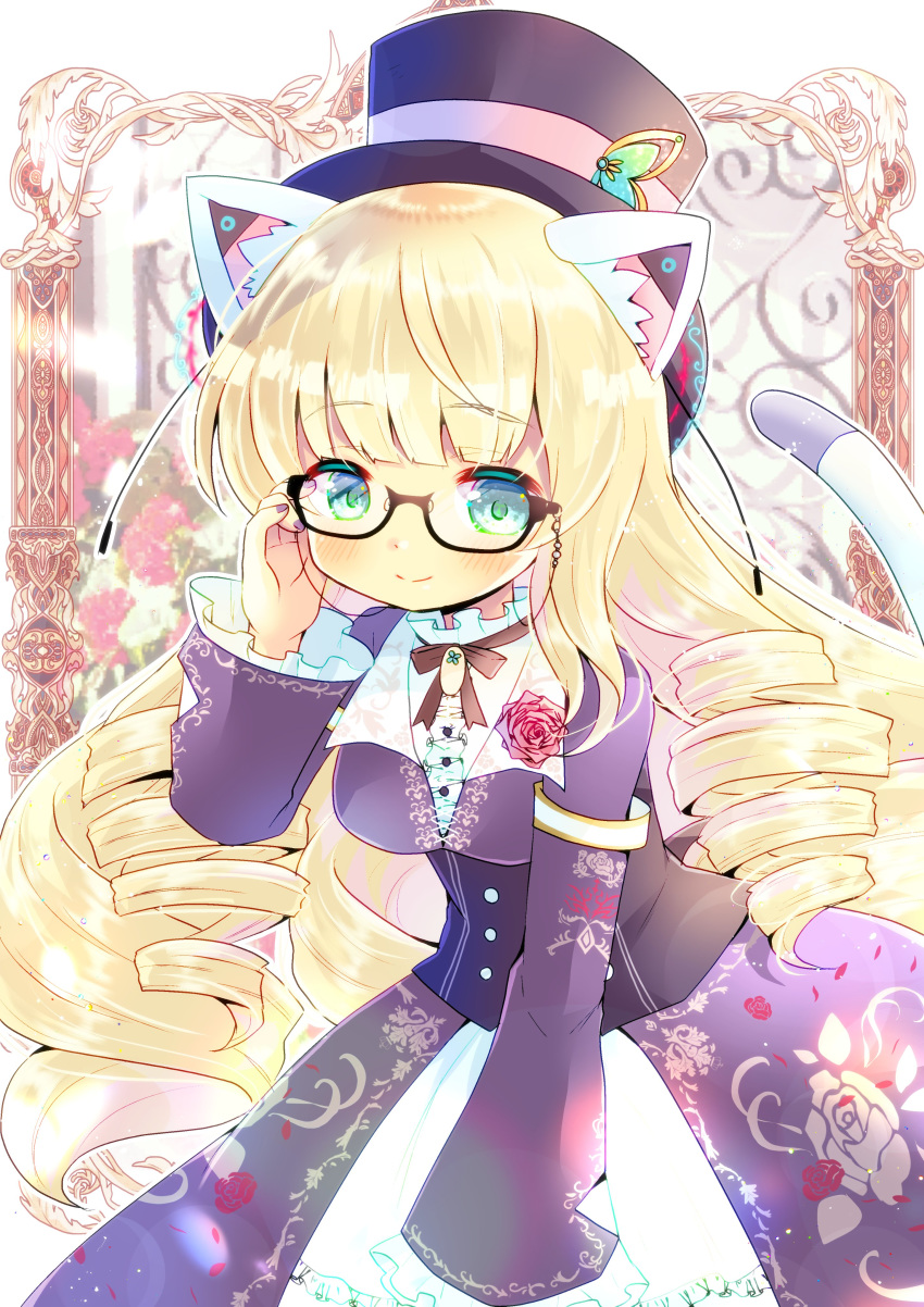 1girl absurdres animal_ear_fluff animal_ears bangs black-framed_eyewear black_headwear black_jacket black_skirt blonde_hair blush breasts cat_ears cat_girl cat_tail center_frills closed_mouth commentary_request commission drill_hair eyebrows_visible_through_hair flower glasses green_eyes grey_nails hand_up hat highres jacket kouu_hiyoyo long_hair long_sleeves looking_at_viewer medium_breasts nail_polish original pink_flower pink_rose rose shirt skirt smile solo tail tail_raised top_hat twin_drills underbust very_long_hair white_shirt wide_sleeves