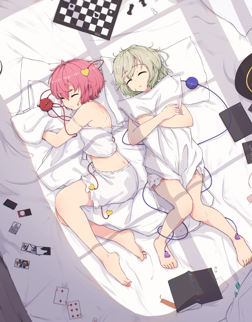 2girls absurdres bare_legs bare_shoulders barefoot bed_sheet black_headwear bloomers book camisole card chess_piece chessboard closed_eyes commentary_request day from_above full_body green_hair hair_ornament hat hat_removed headwear_removed heart heart_hair_ornament highres huge_filesize komeiji_koishi komeiji_satori lying multiple_girls on_back on_bed on_side open_book parted_lips pillow pillow_hug pink_hair playing_card senzaicha_kasukadoki short_hair siblings sisters sleeping strap_slip string third_eye touhou underwear underwear_only window_shade