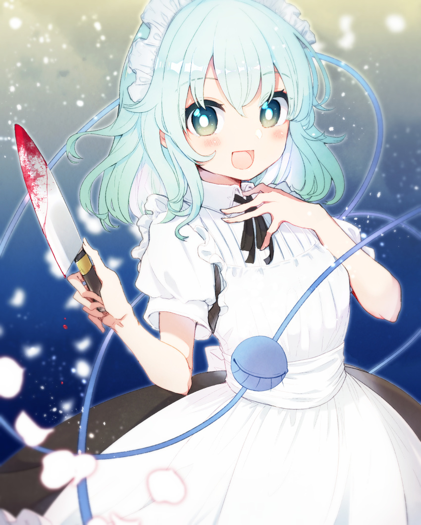 1girl absurdres alternate_costume aoi_(annbi) apron black_neckwear blood blood_drip bloody_knife clip_studio_paint_(medium) commentary enmaided eyebrows_visible_through_hair green_eyes green_hair hand_on_own_chest highres holding holding_knife knife komeiji_koishi looking_at_viewer maid maid_apron maid_headdress neck_ribbon no_hat no_headwear open_mouth ribbon short_sleeves skirt solo third_eye touhou white_apron