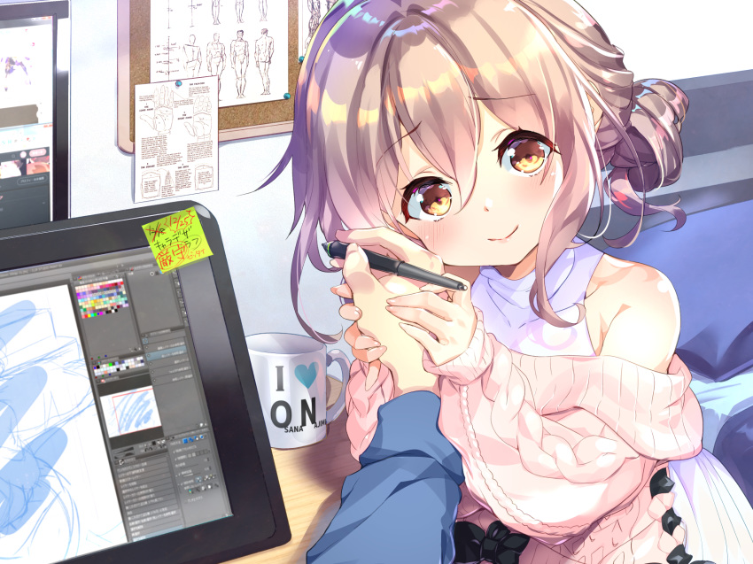 1girl bangs bare_shoulders bed clip_studio_paint_(medium) commentary_request cup eyebrows_visible_through_hair fujishima-sei_ichi-gou hair_between_eyes highres holding holding_hands holding_stylus indoors light_brown_hair looking_at_viewer monitor mug off-shoulder_sweater off_shoulder orange_eyes original pov pov_hands shirt short_hair sidelocks sticky_note stylus sweater tablet_pc white_shirt