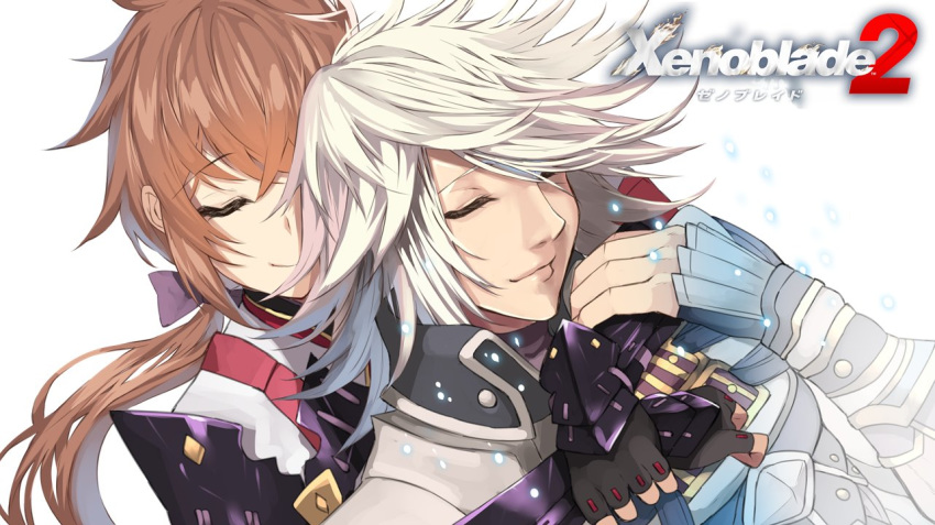 1boy 1girl brown_hair closed_eyes copyright_name fingerless_gloves gloves hug hug_from_behind lora_(xenoblade_2) low_ponytail shin_(xenoblade) smile white_background white_hair xenoblade_(series) xenoblade_2 yappen