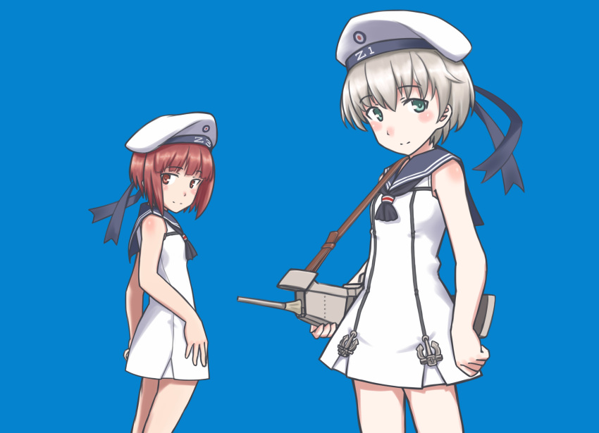 2girls absurdres adapted_turret anchor blue_background blue_eyes blue_sailor_collar brown_eyes cannon clothes_writing commentary_request cowboy_shot dress hat highres kantai_collection looking_at_viewer multiple_girls porusasu redhead sailor_collar sailor_dress sailor_hat short_dress short_hair silver_hair simple_background sleeveless sleeveless_dress turret white_dress z1_leberecht_maass_(kantai_collection) z3_max_schultz_(kantai_collection)